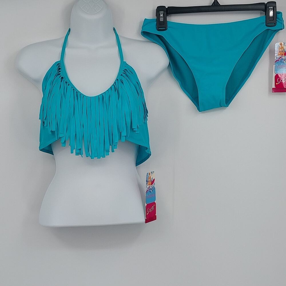 Capri Women's Fringe Halter Bikini 2 Piece Teal Blue Swimsuit Size L NWT